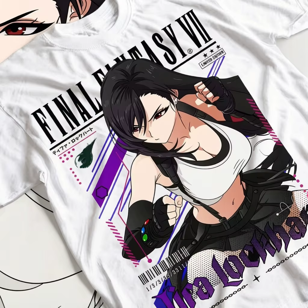 T-shirt Final Fantasy VII été 2026, imprimé Tifa Lockhart aux cheveux noirs, motif de combat, en cot