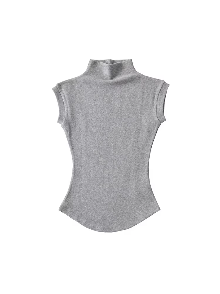 Femmes été Sexy col roulé sans manches T-Shirts hauts solide coupe ajustée pulls t-shirts décontract