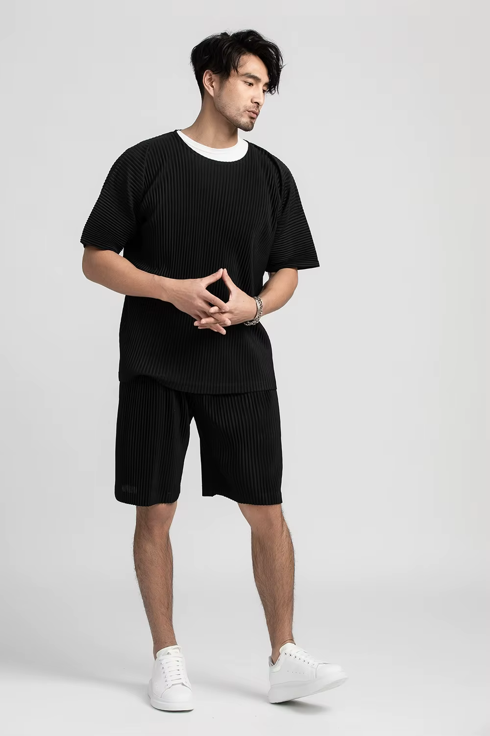 T-shirt à manches courtes et col rond pour homme, haut de sport, fin, respirant, solide, plissé, été