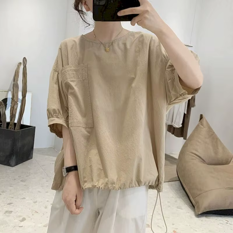 T-shirt manches mi-longues pour femmes, 100% coton, grande poche, Design de Niche, décontracté, ampl