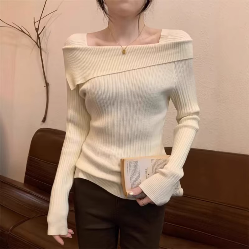 Solide Sexy mince épaules dénudées Slash cou à manches longues tricot pull femmes pulls bureau mode