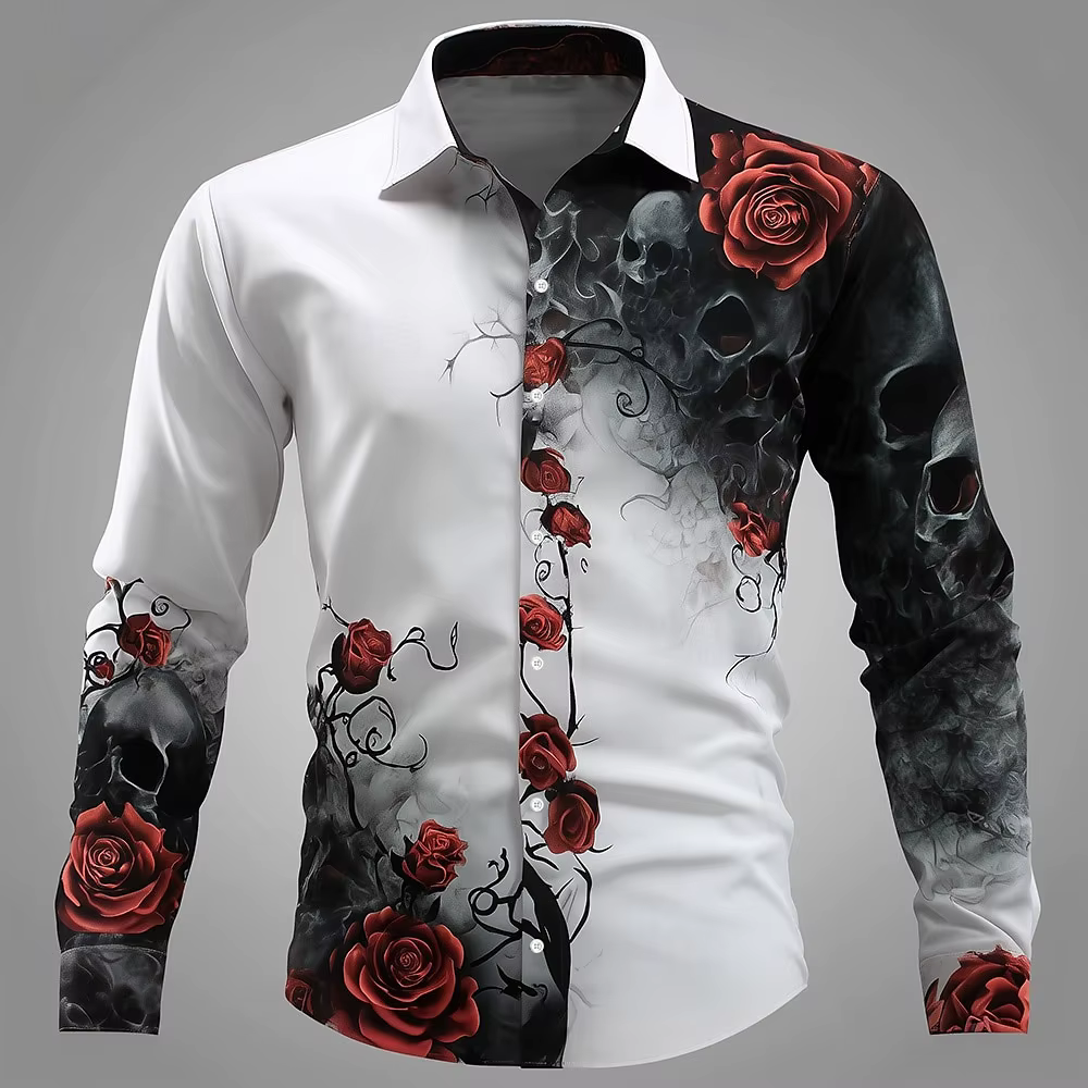 Chemise boutonnée à manches longues pour hommes, imprimé Floral, fleurs de roses, Style gothique fon