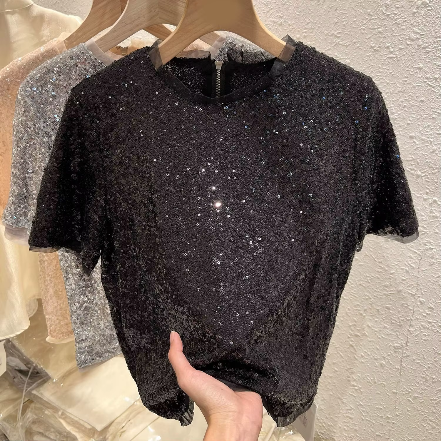 Gris noir maille à manches courtes paillettes T-shirt pour femmes été graphique t-shirts Ropa De Muj