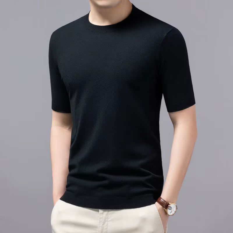 T-shirt en cachemire mérinos ultrafin tricoté à col rond pour homme, manches courtes, couleur unie, 