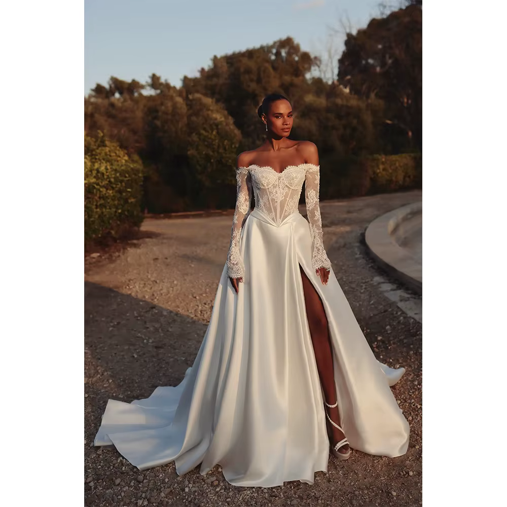 Robe De mariée De luxe en dentelle, épaules dénudées, Sexy, fente haute, en Satin, Corset élégant, d
