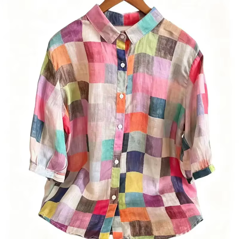 Chemise en coton à imprimé géométrique ethnique pour femmes, chemisier décontracté ample à col bouto