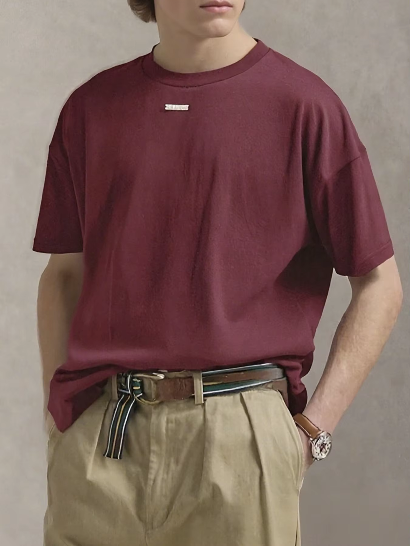 T-Shirt à manches courtes Vintage bordeaux pour hommes, vêtements de Style de rue tendance