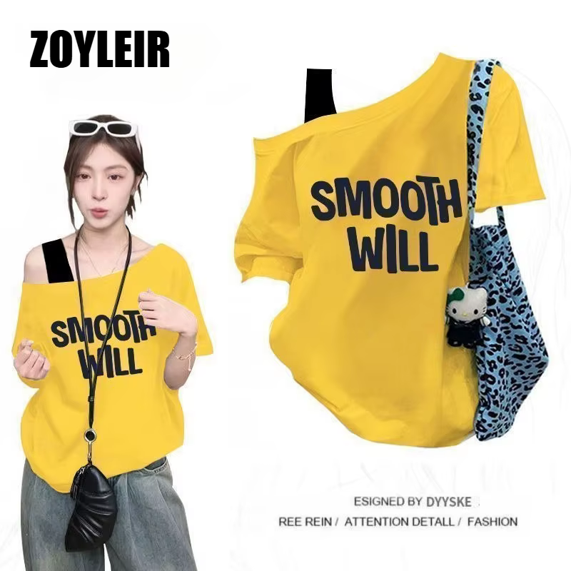 T-shirt élégant d'été asymétrique pour femme, faux deux-pièces, oversize, à motif graphique, manches