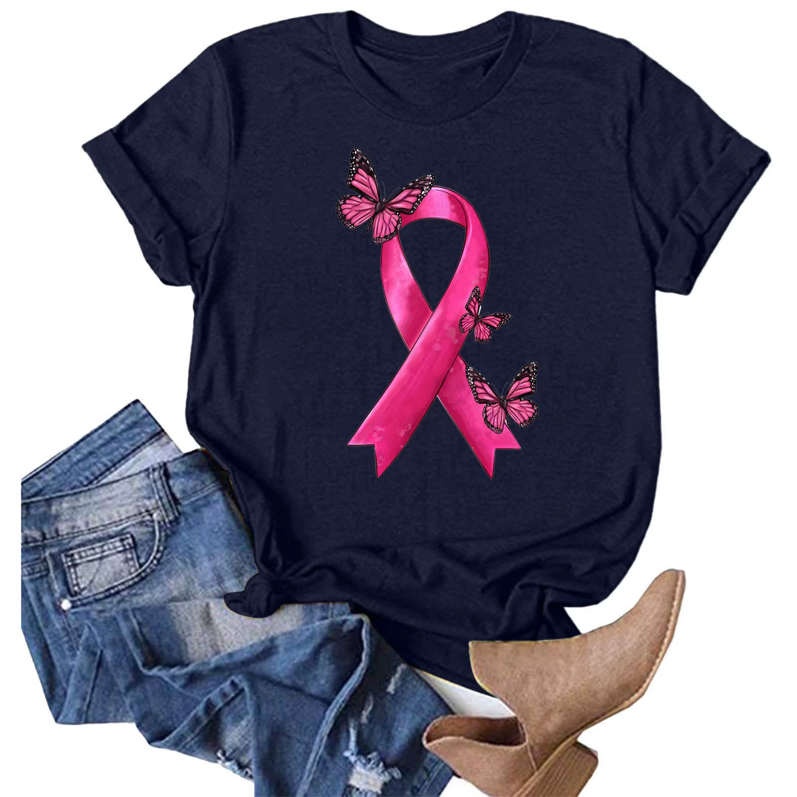 T-Shirt à Manches Courtes et Col Ras du Cou pour Femme, Rose, Imprimé, Confortable, Décontracté, 03/