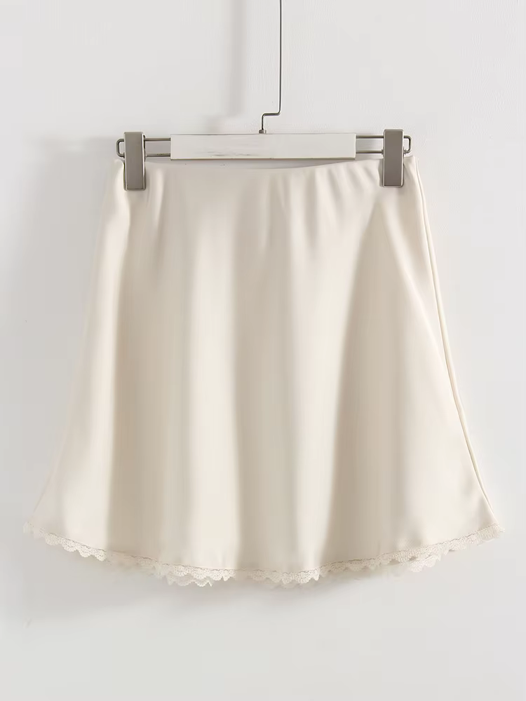 Mini-jupe en satin Streamgirl avec dentelle pour femme, jupe courte élégante noire en satin coupe tr