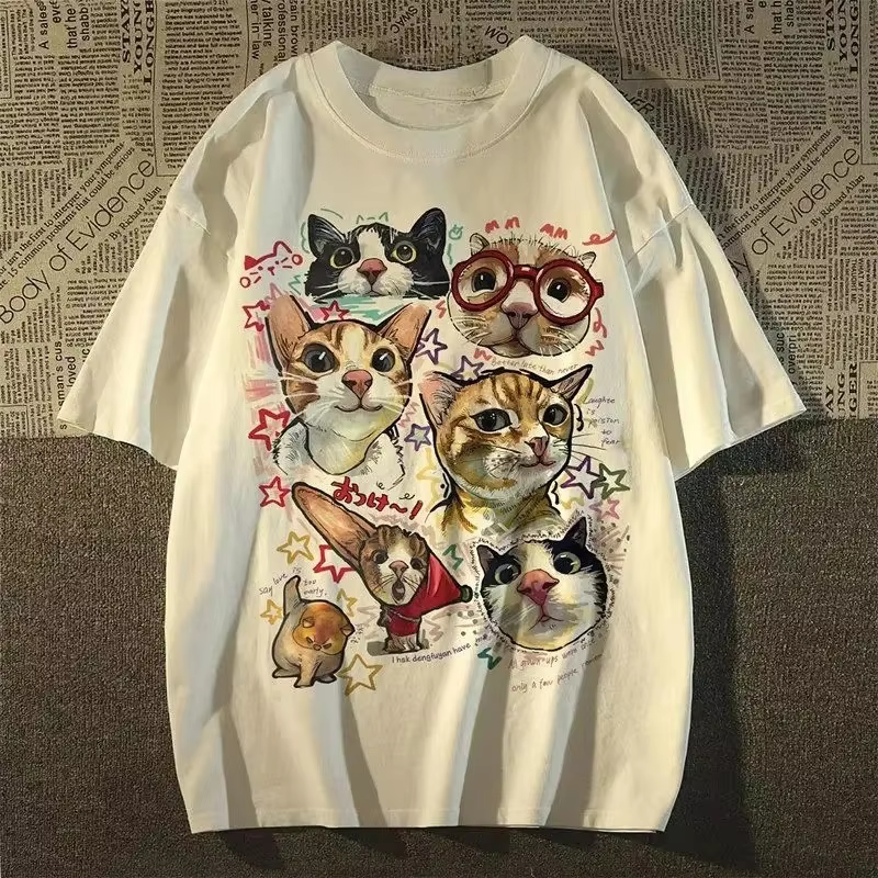 T-shirt à manches courtes pour femmes, rétro américain, amusant, imprimé chat de dessin animé, haut 