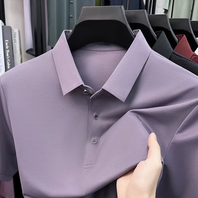 Polo en soie de mûrier pour hommes, tissu doux au toucher soyeux, manches courtes, pour les affaires