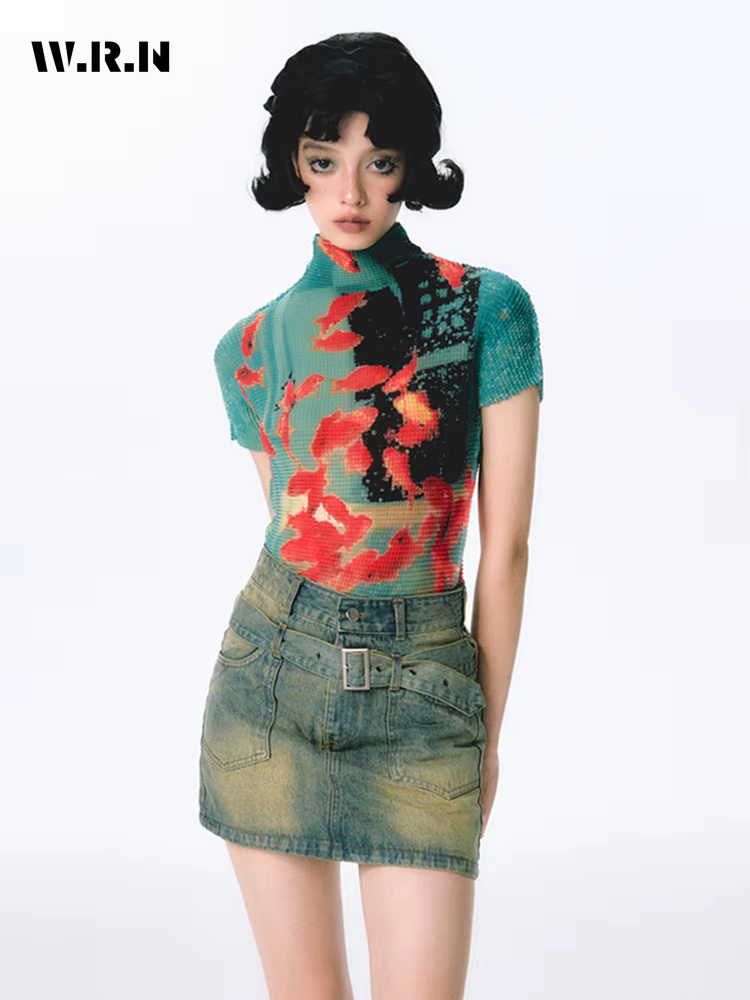 Femmes moulante T-Shirts à manches courtes cravate colorant T-Shirts Stretch culture hauts Goblin Co
