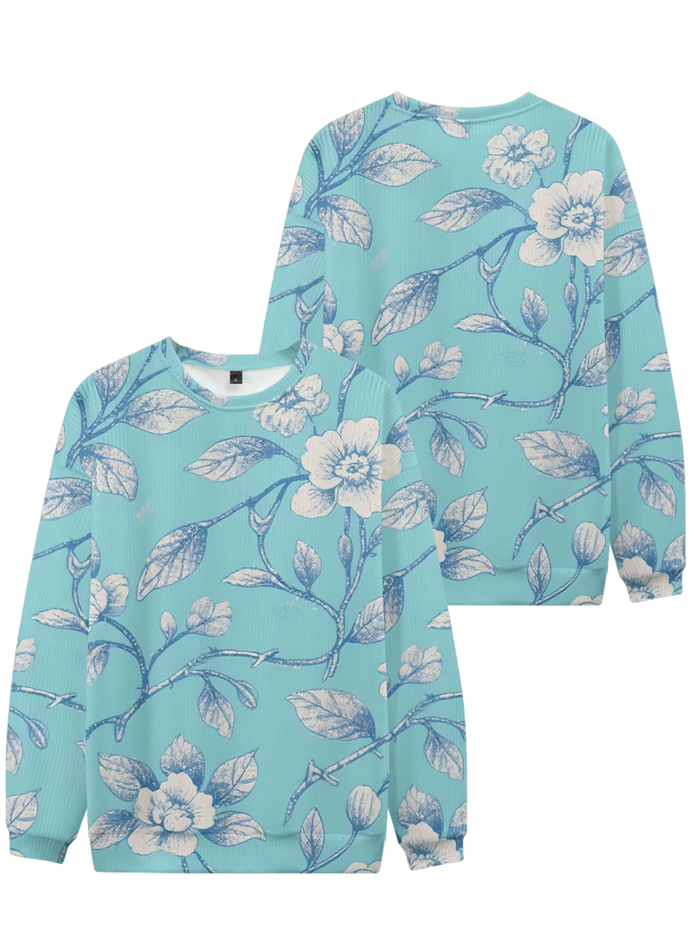 Sweat-shirt à col rond bleu doux avec imprimé Floral élégant, haut décontracté unisexe à manches lon