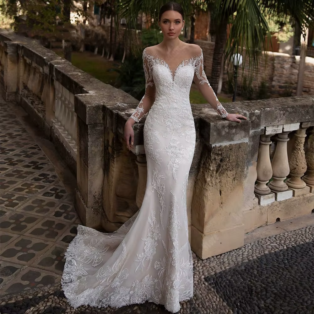 Robes de mariée sirène en dentelle à manches longues pour femmes, robes de Rhde princesse personnali