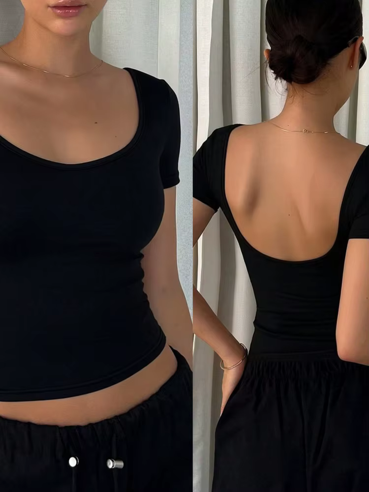 T-shirt dos nu pour femmes, col en U, couleur unie, sexy, manches courtes, crop top, streetwear, vêt