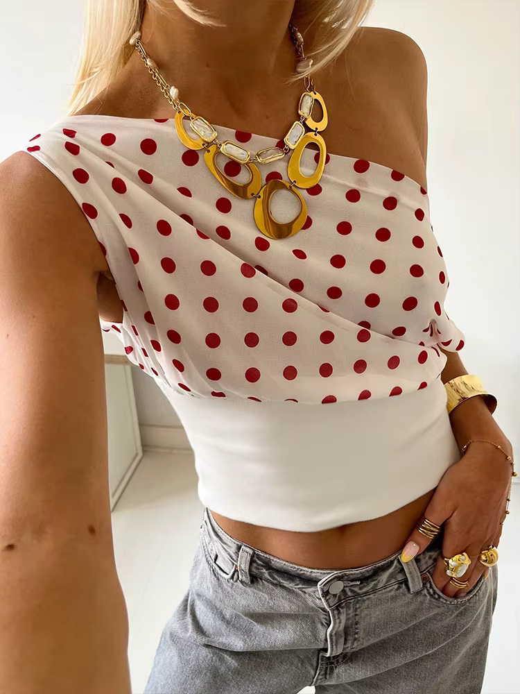 T-Shirts imprimés à pois pour femmes, tendance d'été, col incliné, épaules dénudées, dos nu, mode de