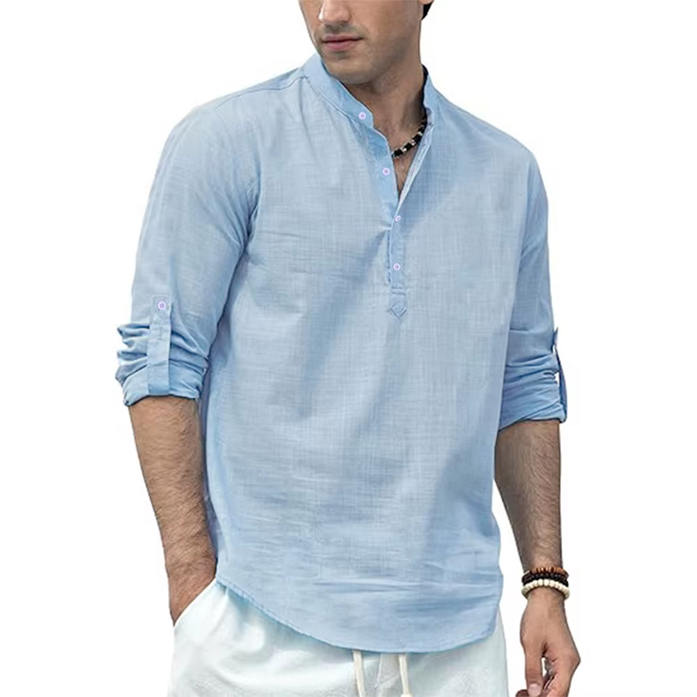 Polo à manches longues en coton et lin pour hommes, léger, col Henley, Style plage hawaïen, couleur
