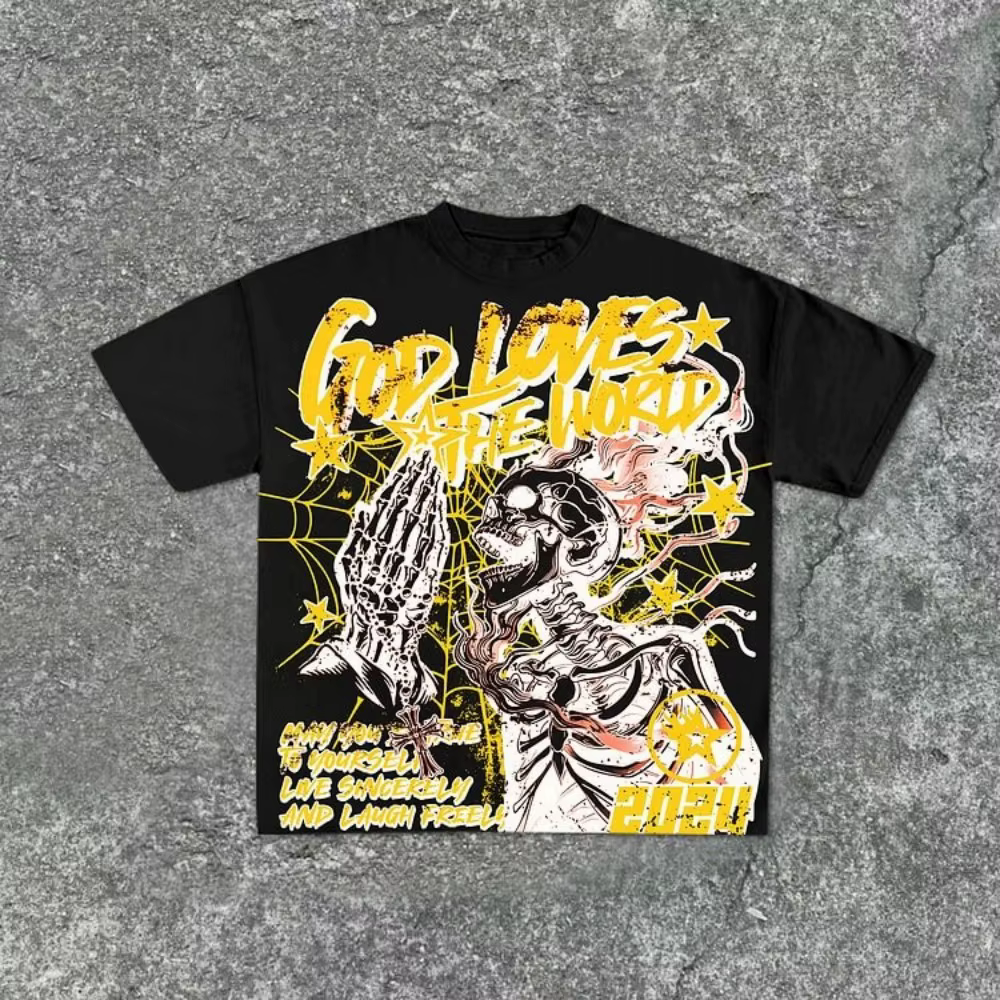 T-shirt col rond pour hommes, imprimé graffiti de crâne personnalisé, confortable et respirant, haut
