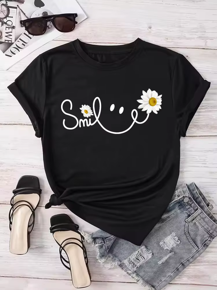 T-shirt imprimé pour femme, motif marguerite souriante, style Harajuku, graphique mode, noir, décont