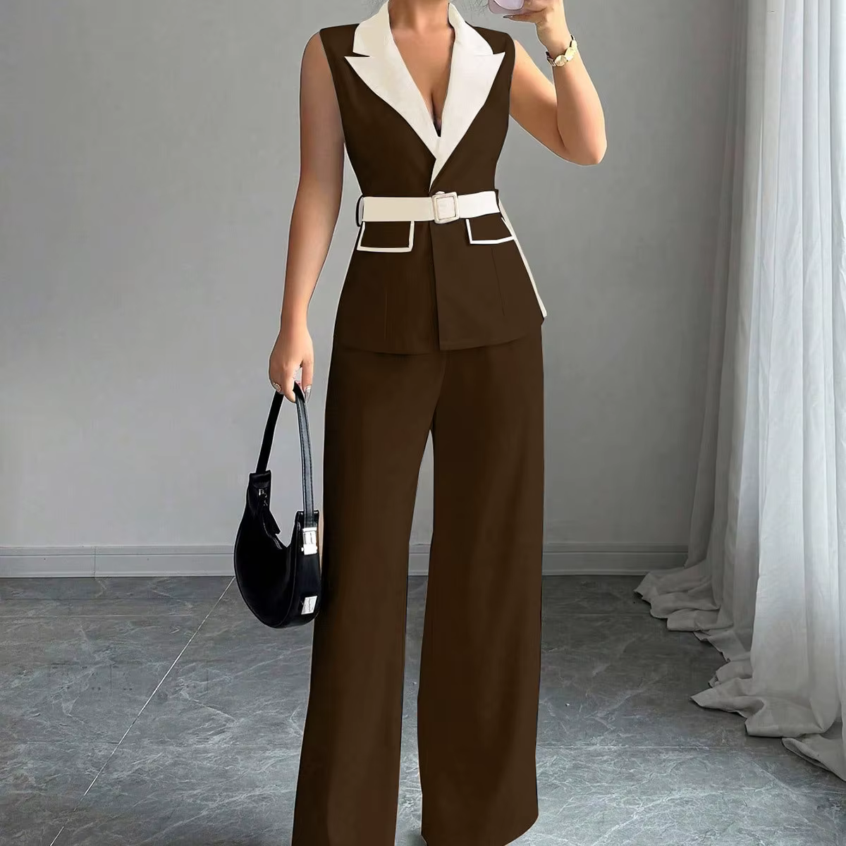 Ensemble pantalon large et gilet blazer élégant sans manches pour femme avec ceinture