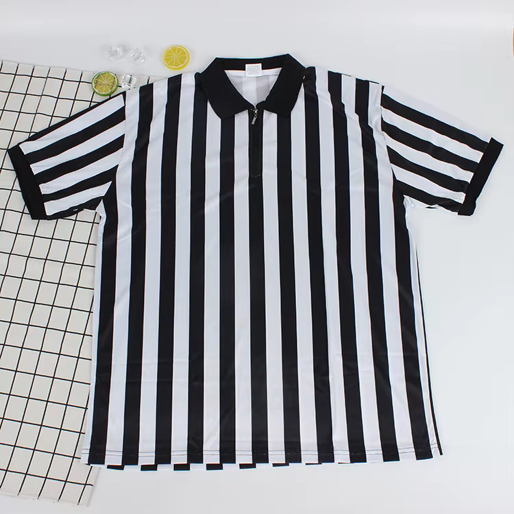 Nouveau T-shirt d'arbitre à col à revers côtelé rayé noir et blanc pour hommes et femmes, robe à man