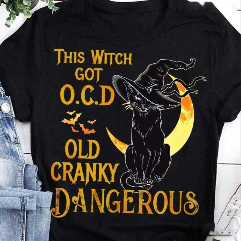 Halloween maman sorcière chat noir imprimé t-shirt femmes à manches courtes col rond t-shirt ample f