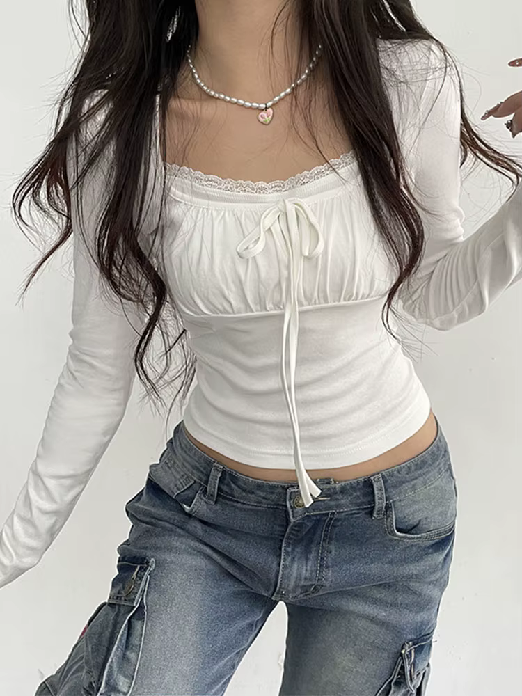 Bandage plis col carré haut court femmes Fairycore y2k blanc t-shirts basique tricoté élégant t-shir