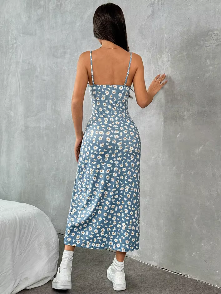 Automne 2025 robe longue sans bretelles enveloppement poitrine haute fente marguerite imprimé léopar