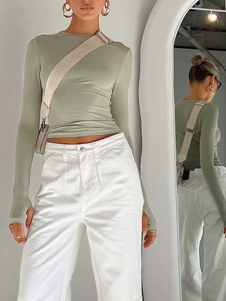 Mode femmes T-shirt à manches longues col rond solide coupe ajustée dames haut court avec trous pour