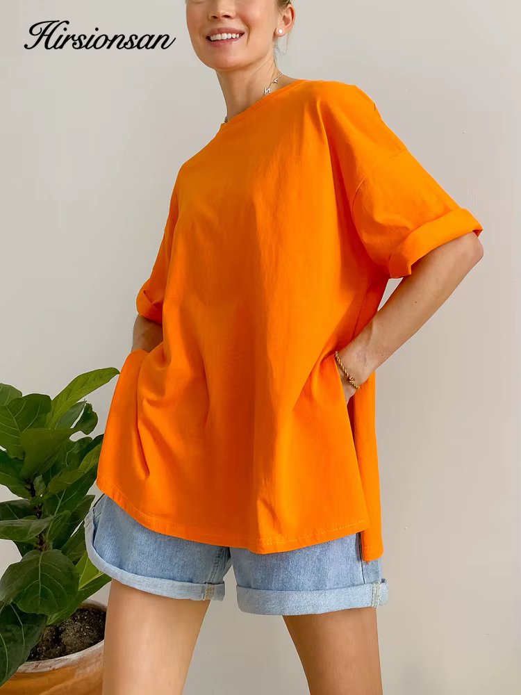 Hirsionsan été surdimensionné coton t-shirt femmes 2023 nouveau ample solide fendu t-shirts décontra