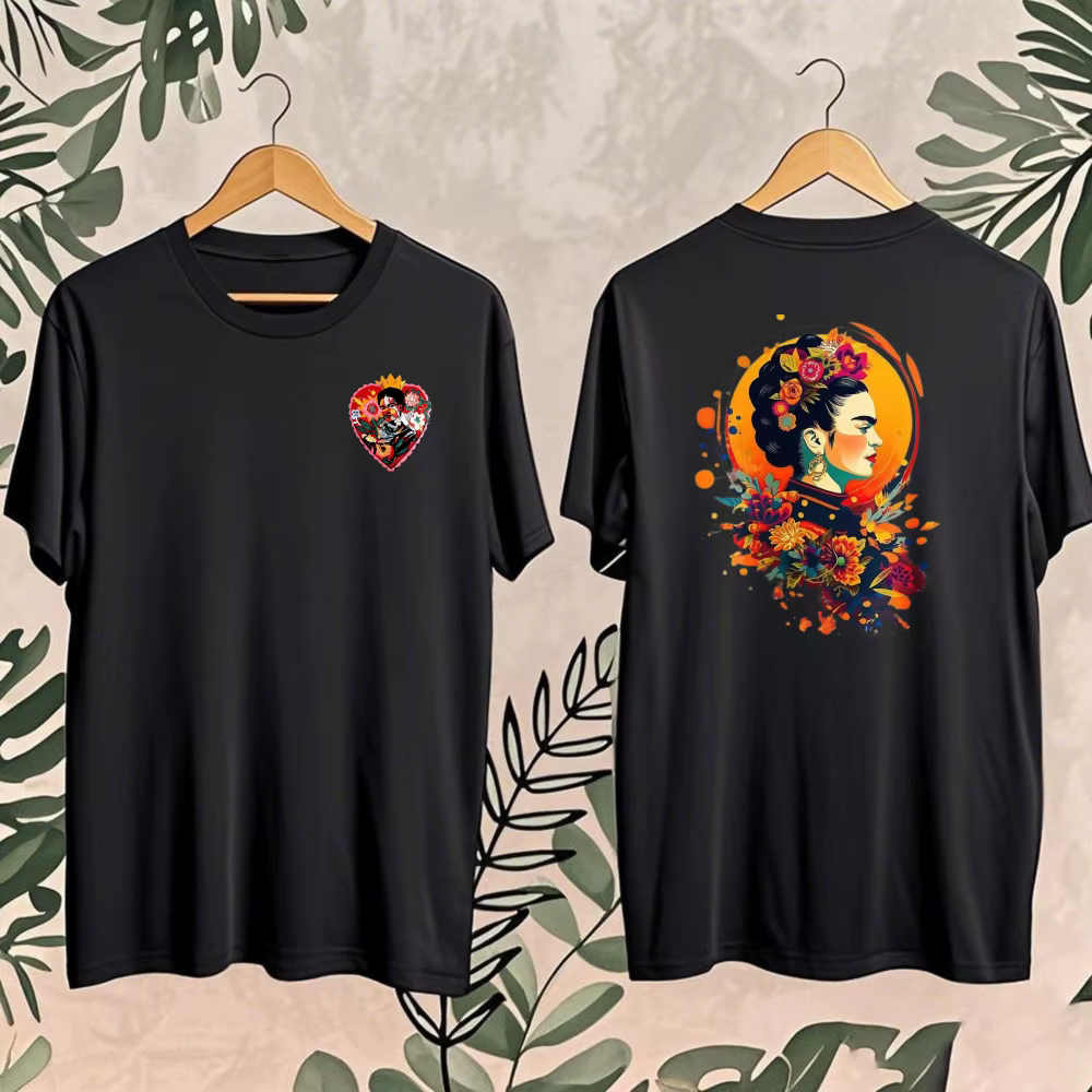 T-shirt imprimé Frida Kahlo Art Botanique, Coton Double Face Décontracté, Style Rétro Inspiré de l'A
