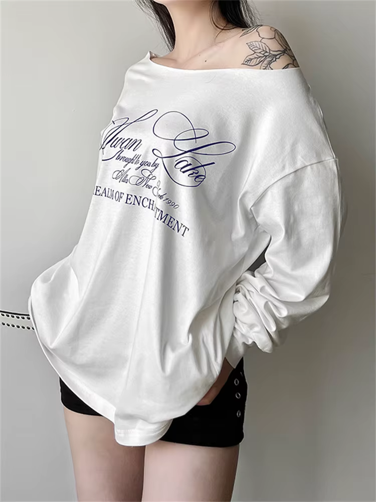 Sisterlinda quotidien Style polyvalent T-Shirts femmes lettre impression épaule inclinée manches lon
