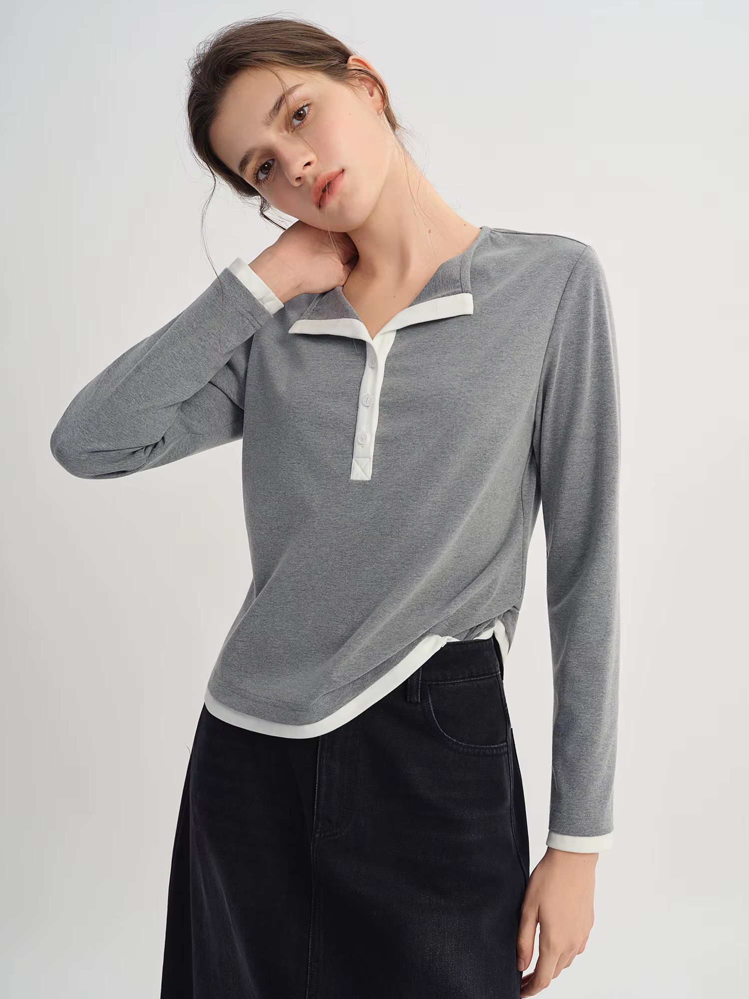 DUSHU automne 2025 T-Shirt à manches longues pour femmes-haut à col Henley à blocs de couleurs contr