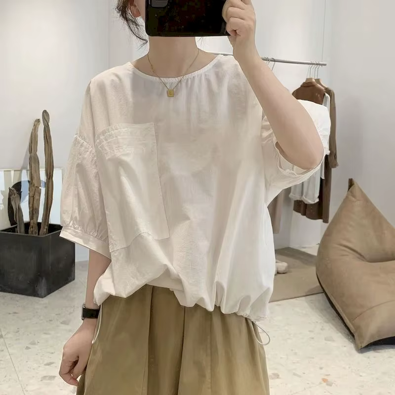 T-shirt manches mi-longues pour femmes, 100% coton, grande poche, Design de Niche, décontracté, ampl