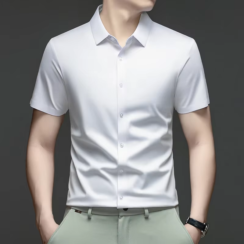 Chemise homme haut de gamme à manches courtes en soie glacée infroissable pour le bureau et le quoti