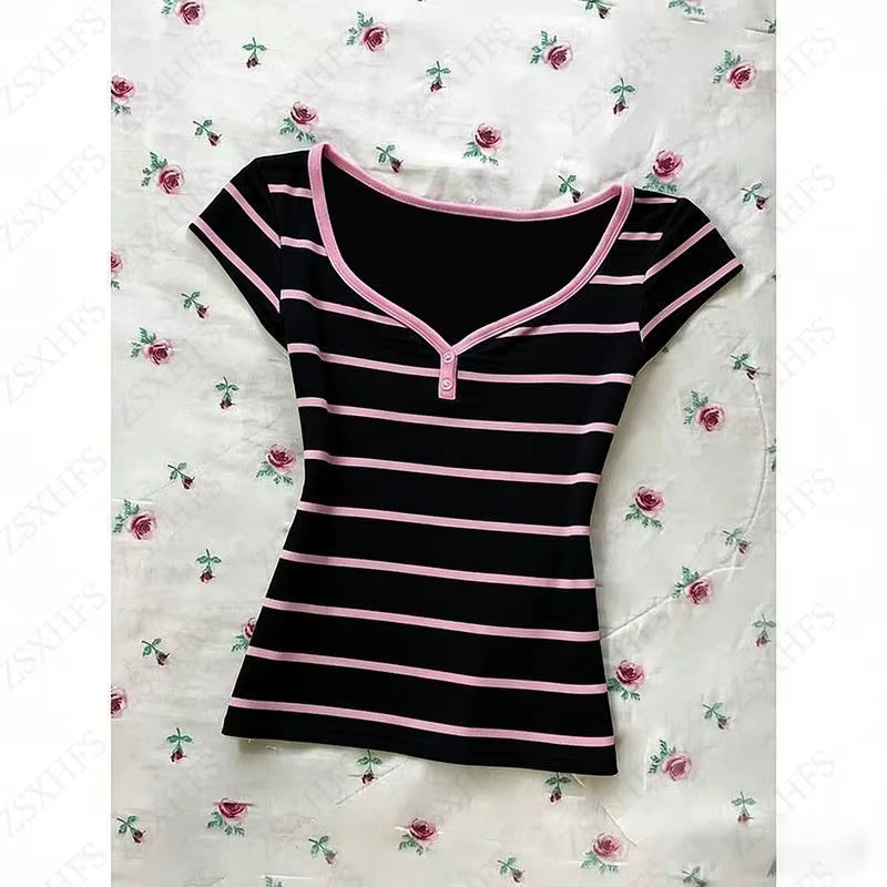 T-shirt esthétique noir d'été à manches courtes, style urbain, rose, pour jeune fille, coupe ajustée