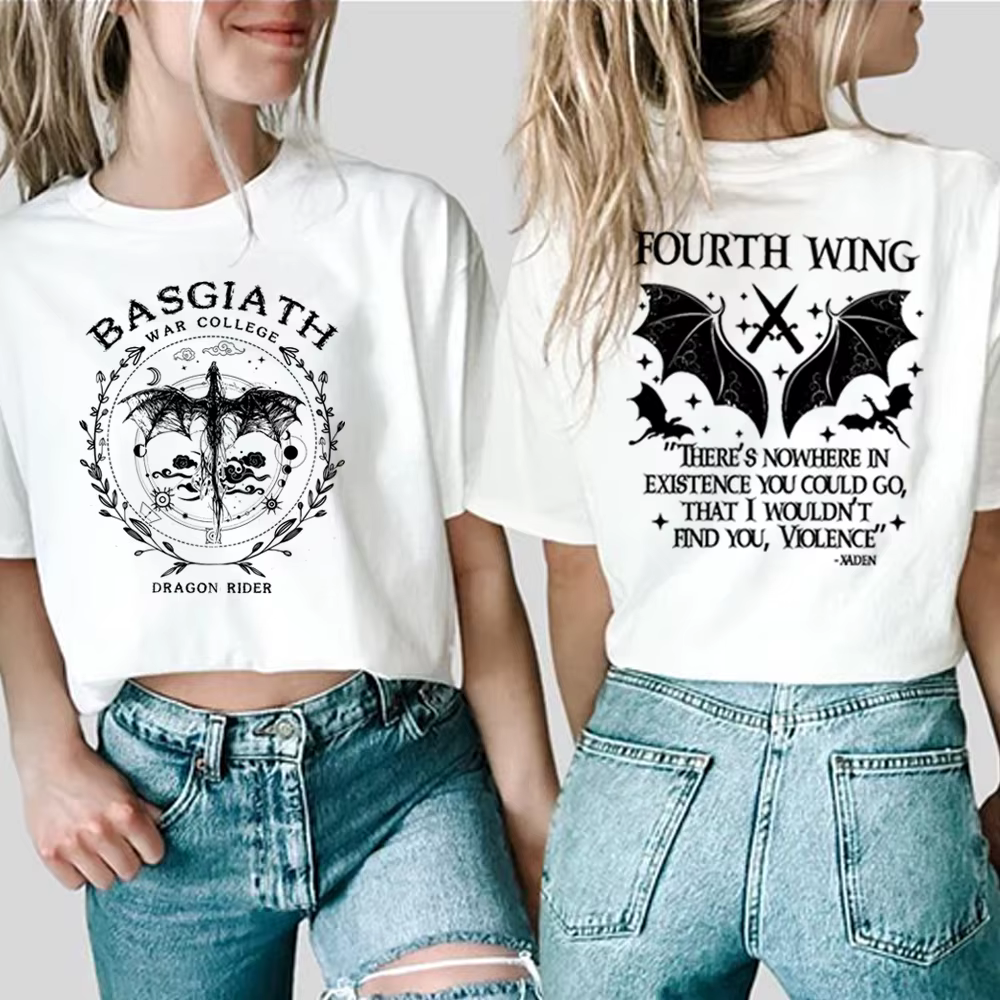 Basgiath War College T-Shirt imprimé sur 2 côtés Chemise à quatre ailes Dragon Rider Tee Violet Sorr