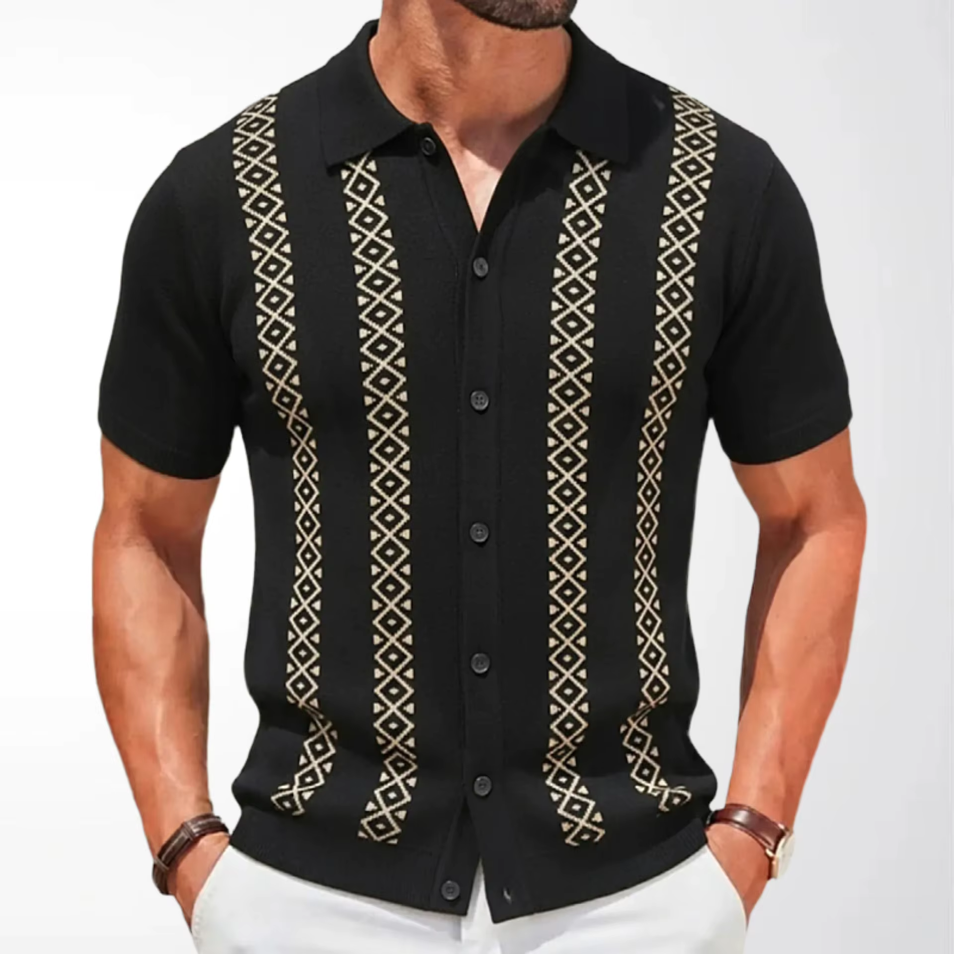 Chemise tricotée jacquard rayée d'été pour hommes européens et américains, cardigan à manches courte