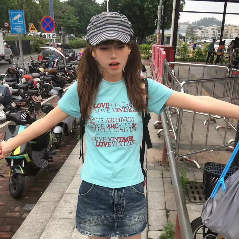 Karrram japonais Y2k lettre impression T-shirt Trashy 2000s Style haut court Vintage Harajuku manche