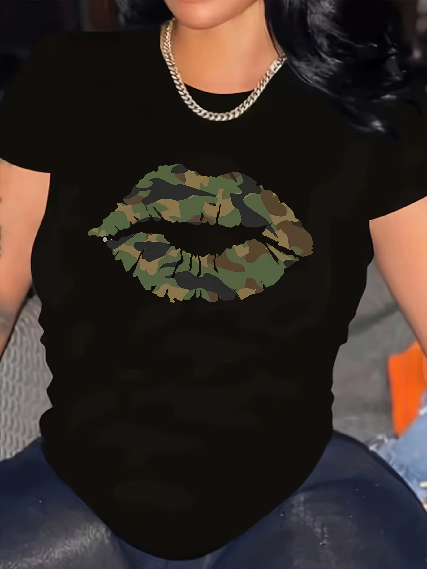 T-shirt femme camouflage lèvres portrait imprimé col rond manches courtes pull style adapté aux lois