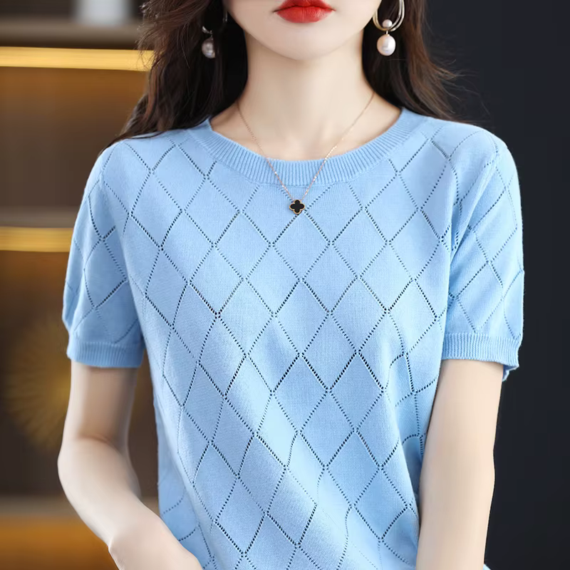 T-shirt à manches courtes et col rond pour femme, pull fin, 100% coton, pull creux en diamant, t-shi