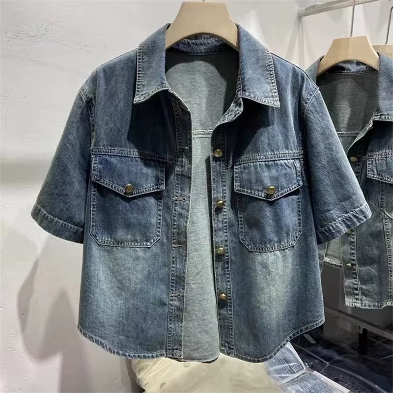 Chemise en jean pour femmes, ample, manches courtes, hauts Cowboy, tempérament, simple boutonnage, c