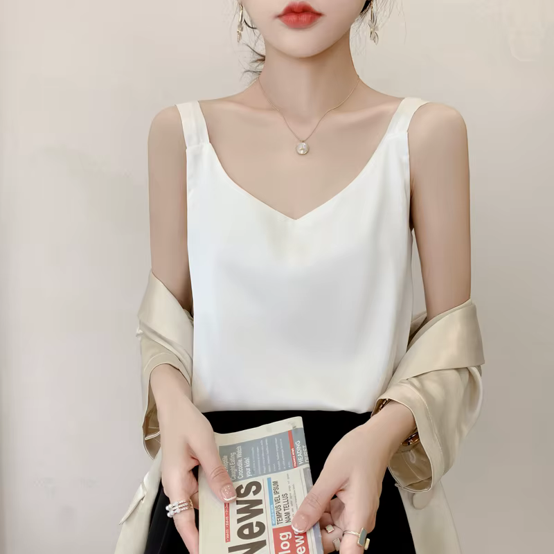 Camisole en soie pour femmes, costume d'été à l'intérieur, col en v, gilet à bascule en Satin, fin, 