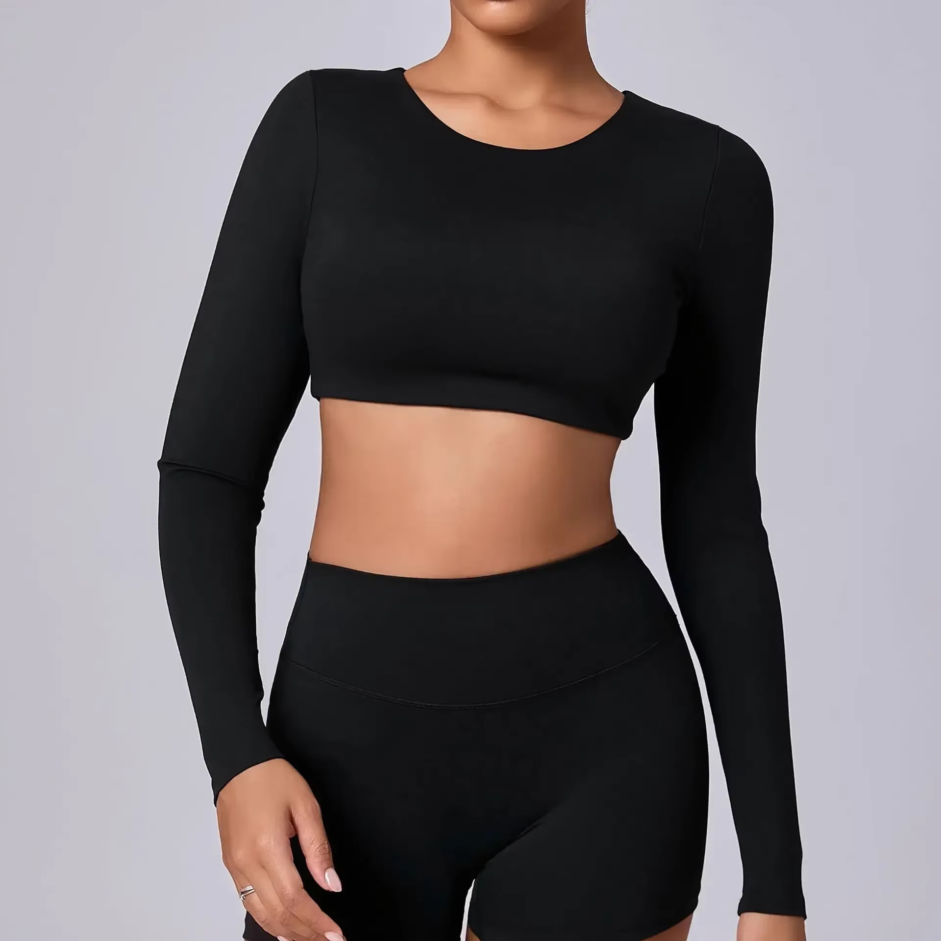 Crop Top Femme Manches Longues 2026 – T-shirt de Sport Rembourré Push-Up pour Gym et Yoga – Noir, Bl