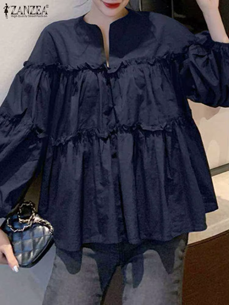 ZANZEA mode femmes à manches longues bouffantes Blouse automne printemps Eelgant chemise volants Blu