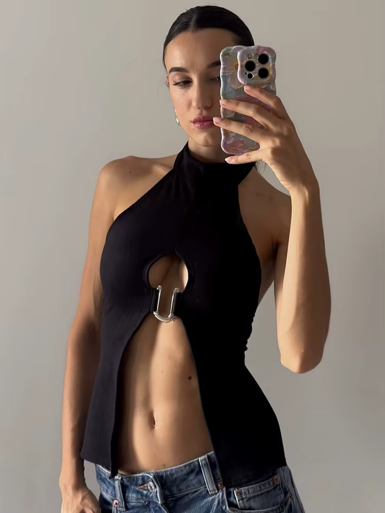 Nibber – hauts avec anneau en métal en forme de u pour femmes, col rond fendu, dos nu, sans manches,