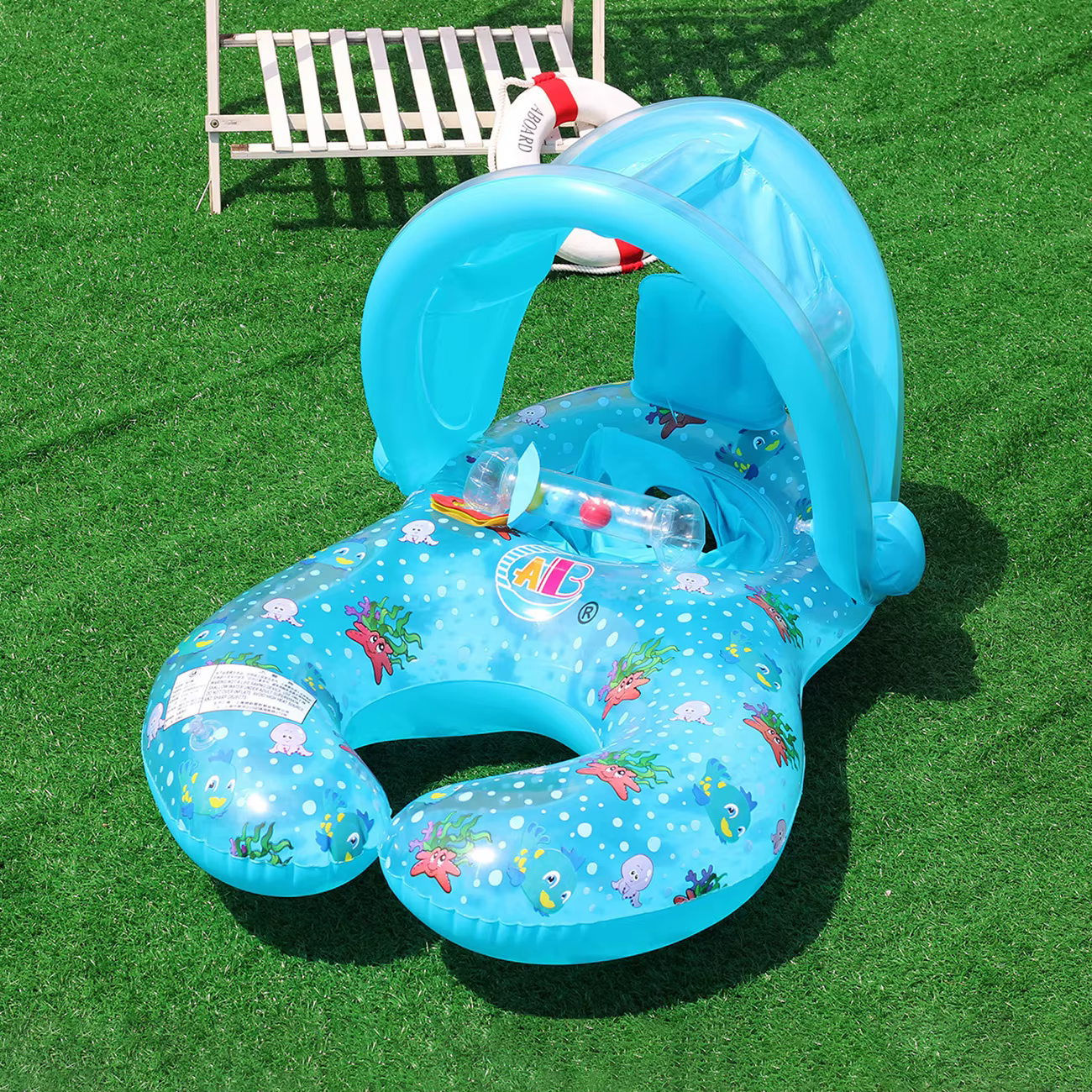 1 flotteur de piscine à double anneau pour la baignade partagée, avec auvent solaire amovible