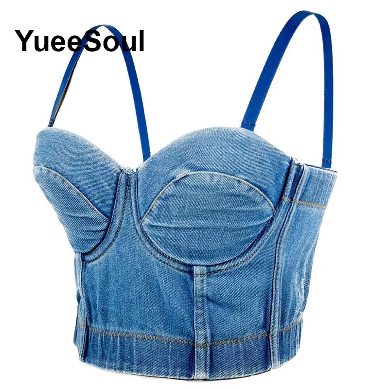 Tops courts en denim avec glands perlés, fleur en diamant, bleu, sans manches, corset sexy, années 2