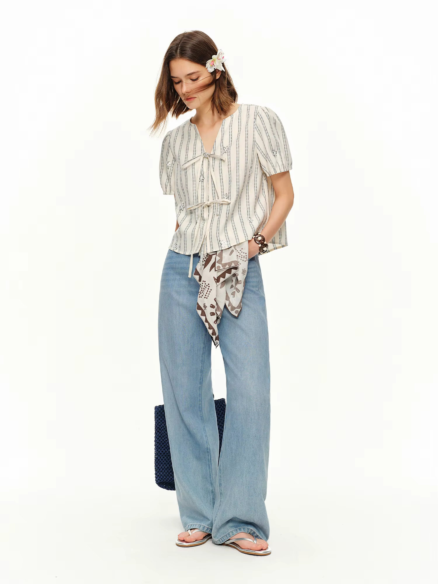 DUSHU 2026 Nouvelle Blouse d'été rayée à col en V et manches courtes pour femme, Top en lin et coton